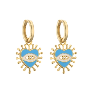 Detail of gold heart earrings with blue enamel evil eye and zircon inlay