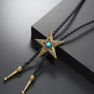 Retro punk star bolo tie with turquoise inlay and black woven leather cord for men