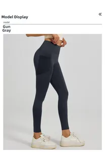 Detail view of high waist yoga leggings in gunmetal grey with mesh side pocket for phone