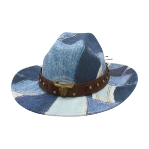 Western cowboy fedora with blue denim patchwork print and golden bull head belt