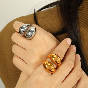 Minimalist double layer teardrop bead ring in gold and silver finish for women