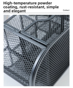 Close-up of black wire mesh desk organizer showing high-temperature spray coating finish