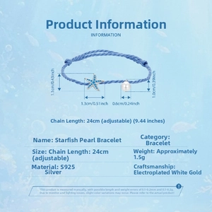 Detailed size chart for S925 sterling silver starfish pearl ocean bracelet dimensions