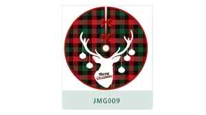 Detail of buffalo plaid Christmas tree skirt with reindeer head and bow ties