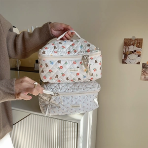 Quilted cotton cosmetic bags with cute bear print and ribbon zipper detail