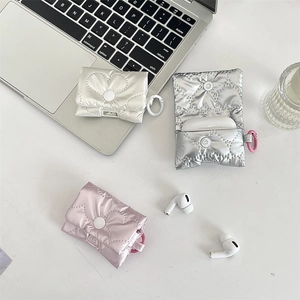 Quilted heart-stitched puff case for AirPods Pro with metal ring and snap closure