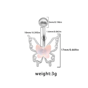 Detailed dimension guide for pink butterfly belly ring with 10mm bar and 5mm ball size