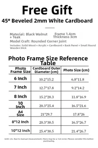 Detailed size chart for black walnut photo frames including 6 to 12 inch dimensions