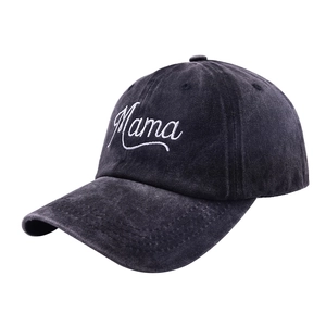 Detail of white Mama cursive embroidery on dark gray washed vintage cotton baseball cap