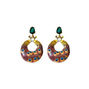 Vintage enamel peacock feather earrings with green teardrop stones in golden frames