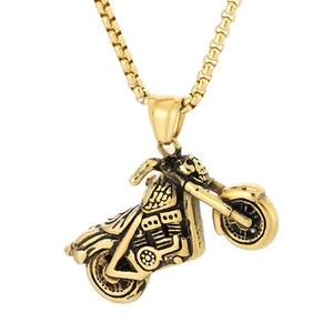 Hip hop style gold stainless steel motorcycle pendant necklace with detailed box chain