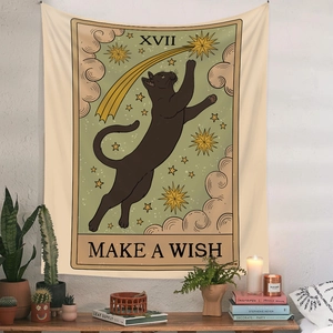 Bohemian tarot tapestry featuring a black cat jumping to stars and Make a Wish slogan