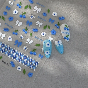 Autocollants ongles bleuets avec motifs de nœuds bleus et fleurs cerise FEB-922