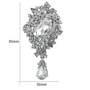 Luxury silver brooch with emerald-cut crystal and clear rhinestones, 95x50mm size