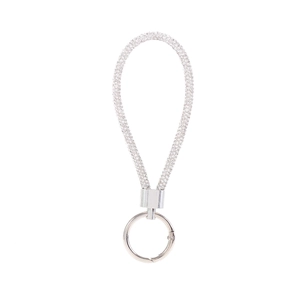 Close-up of sparkling rhinestone lanyard with silver metal ring and clasp keychain