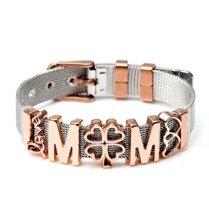 Detail of 10mm stainless steel mesh bracelet with rose gold Love and MOM charms