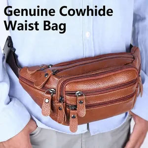 Genuine Leather Waist Bag Men Fanny Pack Top Layer Cowhide Lychee Texture Multi Pocket Retro Outdoor Sports Travel