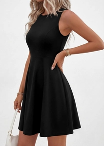 Detail of a black sleeveless A-line dress with a slim waist and classic round neckline