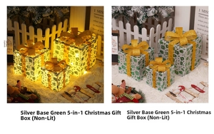 Detail of silver Christmas gift boxes with green snowflakes and golden bows with LED light