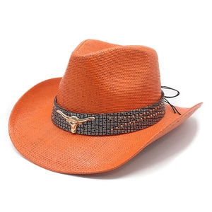 Orange straw western cowboy hat with wide brim and vintage metal bull head decoration