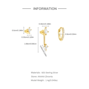 Detail view of gold S925 silver kite earrings set with AAAAA zircon and dimensions