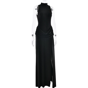 Detail of elegant black sleeveless maxi dress with side slit and waist pleats design