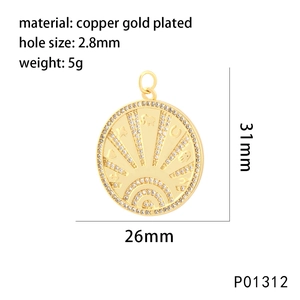 Macro shot of 26x31mm gold plated copper coin pendant with zircon moon and star motifs