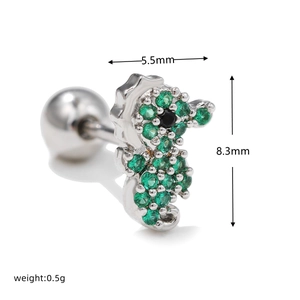 Detail shot of silver seahorse stud earring with green and black cubic zirconia stones