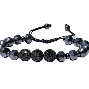 Men's handmade adjustable cord bracelet with hematite beads and black zircon stones