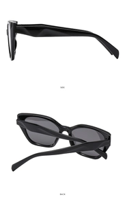 Detailed side and back views of stylish polygonal black sunglasses with dark lenses