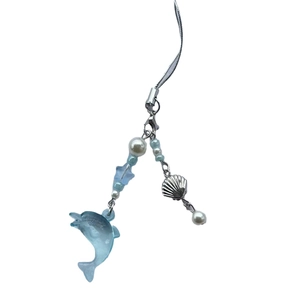 Blue dolphin beaded phone strap with translucent resin pendant and silver shell charm