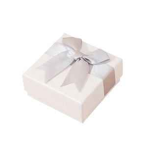 Elegant white square jewelry gift box featuring a decorative grey ribbon bow tie