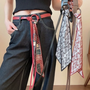 Women Waist Chain Belt Vintage Paisley Print Satin Scarf Decorative PU Leather Strap Ethnic Boho Style For Dress