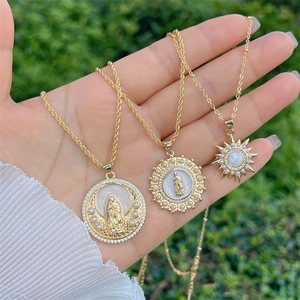 Religious Virgin Mary And Sunburst Pendant Necklace Gold Plated Copper With Cubic Zirconia And Imitation Artificial Pearl Jewelry
