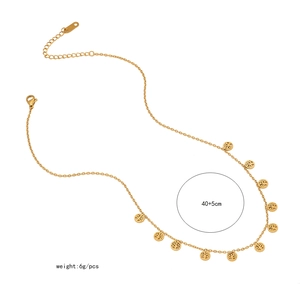 Detail of gold tree of life necklace showing 40+5cm length and 6g lightweight specs