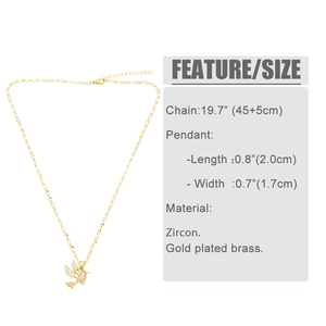 Detail view of gold hummingbird pendant necklace with zircon dimensions and chain length