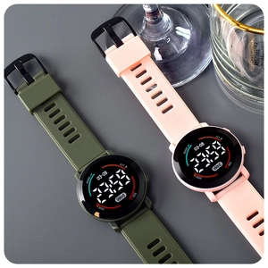 Minimalist waterproof digital sports watch with round LED screen and silicone strap