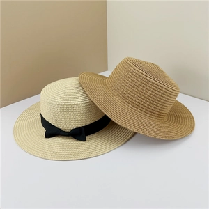 Chapeau Boater Rétro Femmes Paille Tissée Plat Été Plage Protection Solaire Avec Ruban Noir Style Français