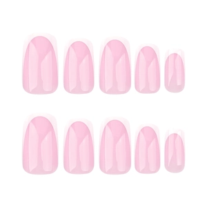 Classic French tip press-on nails in nude pink and white with a glossy oval finish