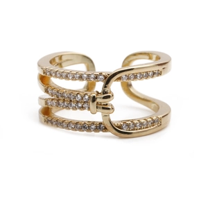 Adjustable golden belt buckle ring for women featuring triple-layer zircon stone inlay