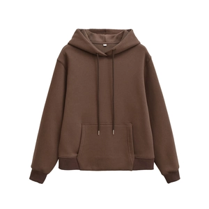 Detailed flat lay of dark brown hoodie featuring drawstring hood and kangaroo pocket