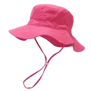 Detail of rose red sun hat featuring adjustable windproof chin strap and wide brim