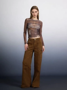 Full view of women's vintage brown cargo wide-leg jeans with multi-pocket utility design