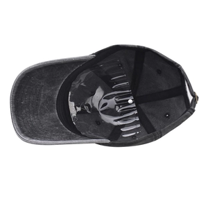 Detail view of washed vintage baseball cap interior with moisture-wicking sweatband