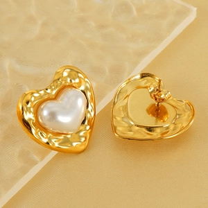 French luxury heart pearl earrings with textured gold titanium steel finish