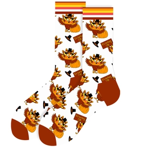 Detail of white Thanksgiving socks with turkey patterns and orange striped cuffs