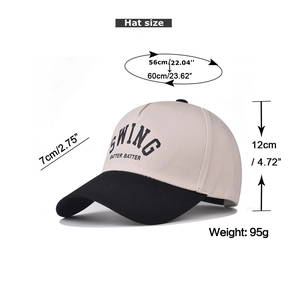 Tableau des tailles détaillé d'une casquette de baseball bicolore avec ses dimensions.