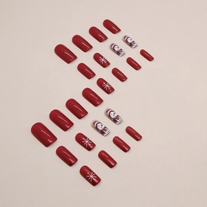 Medium long square aurora red press-on nails with cute snowman and snowflake patterns