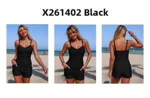 Three views of black tankini set with V-neck tank top and side pocket boy shorts