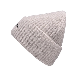 Close-up of oatmeal ribbed knit beanie featuring black script embroidery detailing